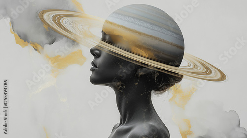 Surreal image of a woman with the planet Saturn on her head, made in gold and gray tones in a minimalist style