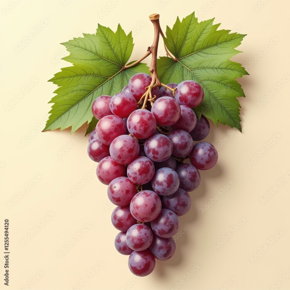 Fototapeta premium A vibrant cluster of plump red grapes nestles on a soft beige backdrop. Half-turned to the left, they invite indulgence with their rich hues and glossy texture