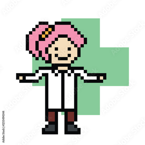 Cute pixel cartoon 8 bit character woman doctor scientist game care decoration pharmacist female doctor uniform lady in hospital 8 bit woman pixel art game 8bit png vector.