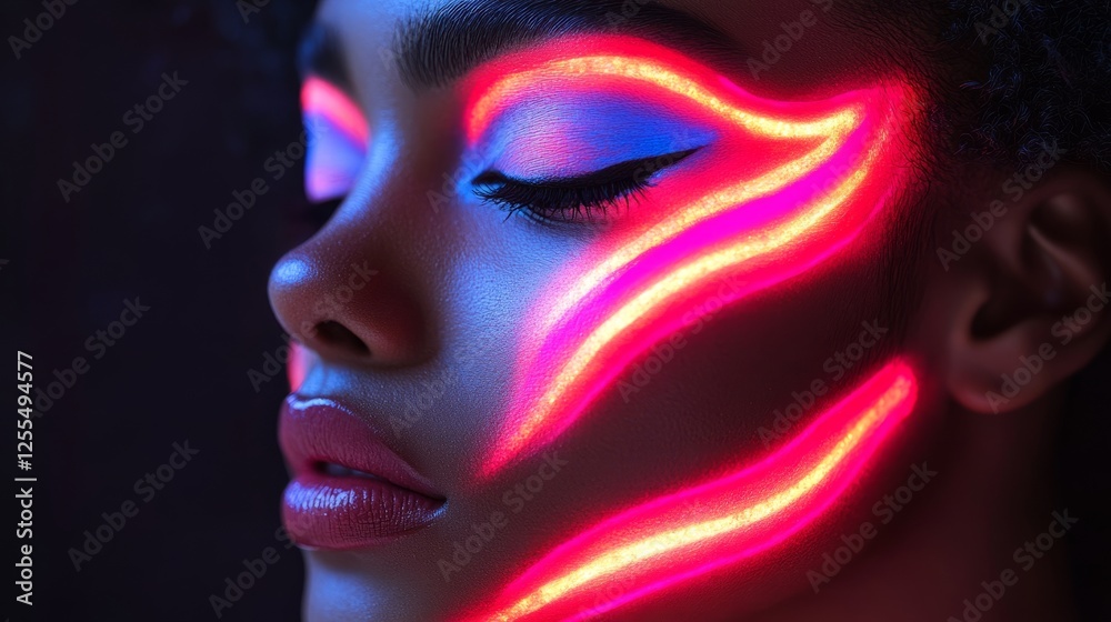 Woman with neon UV makeup and colorful face patterns, glowing softly; abstract artistry blending light and identity Woman with neon UV makeup and colorful face patterns, glowing softly; abstract artistry blending light and identity