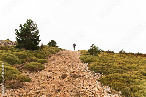 Person hiking on a rocky trail in the Pyrenees, Spain photo