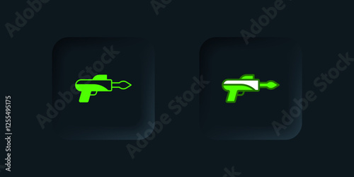 Green Fishing harpoon icon isolated on black background. Fishery manufacturers for catching fish under water. Diving underwater equipment. Black square button. Vector