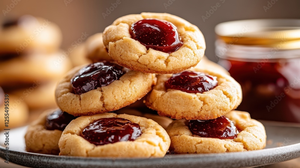 A tempting display of jam-filled cookies piled high on a plate, showcasing their delightful texture and rich red filling that is sure to entice any dessert lover. A tempting display of jam-filled cookies piled high on a plate, showcasing their delightful texture and rich red filling that is sure to entice any dessert lover.