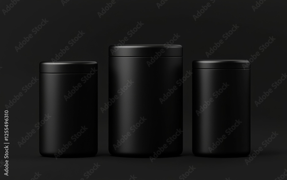 Three elegant black containers of varying sizes, ideal for modern storage solutions or minimalist decor. Three elegant black containers of varying sizes, ideal for modern storage solutions or minimalist decor.