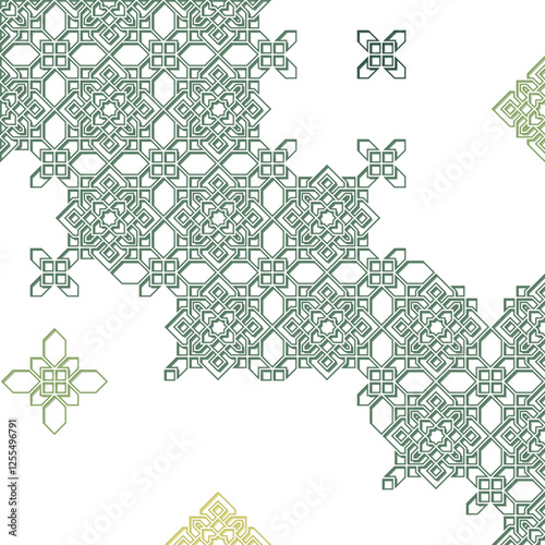 Green Pastel Islamic Ornament with Stroke and Silhouette Textured on Abstract Composition
