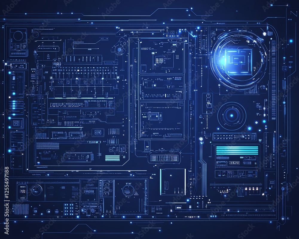Digital circuit board design in minimalistic blueprint style on dark blue background, sleek and futuristic technology concept Digital circuit board design in minimalistic blueprint style on dark blue background, sleek and futuristic technology concept