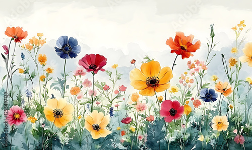 Fototapeta Naklejka Na Ścianę i Meble -  Watercolor depiction of flowers, manually composed, representing the seasons of spring and summer