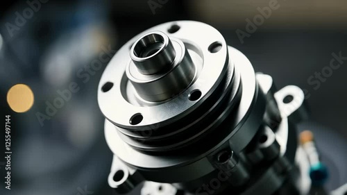 Precision engineering: closeup of rotating metal component in industrial machinery