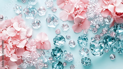 Pink Hydrangeas and Sparkling Gemstones on Blue