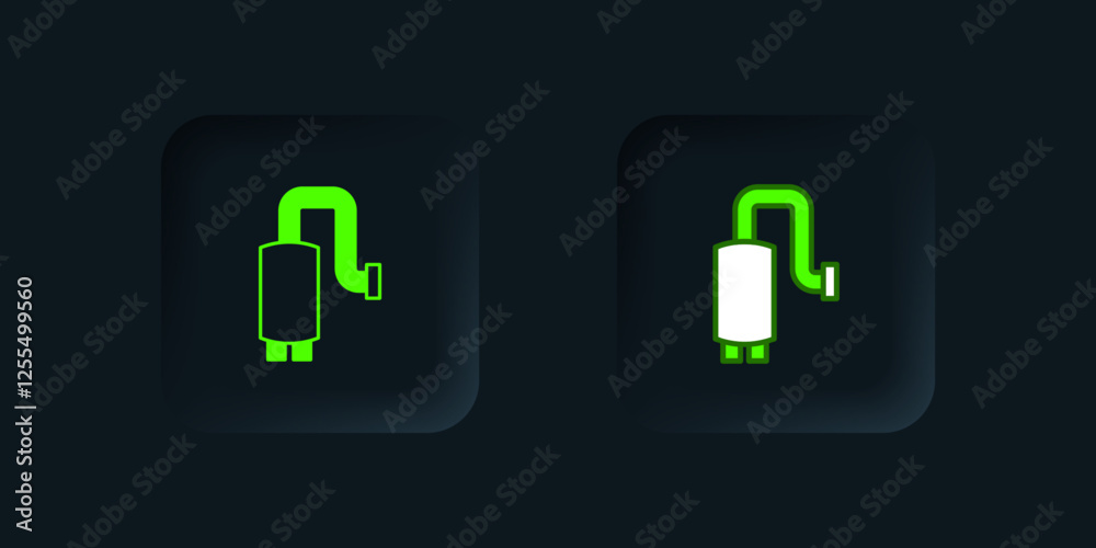 Green Car muffler icon isolated on black background. Exhaust pipe. Black square button. Vector Green Car muffler icon isolated on black background. Exhaust pipe. Black square button. Vector