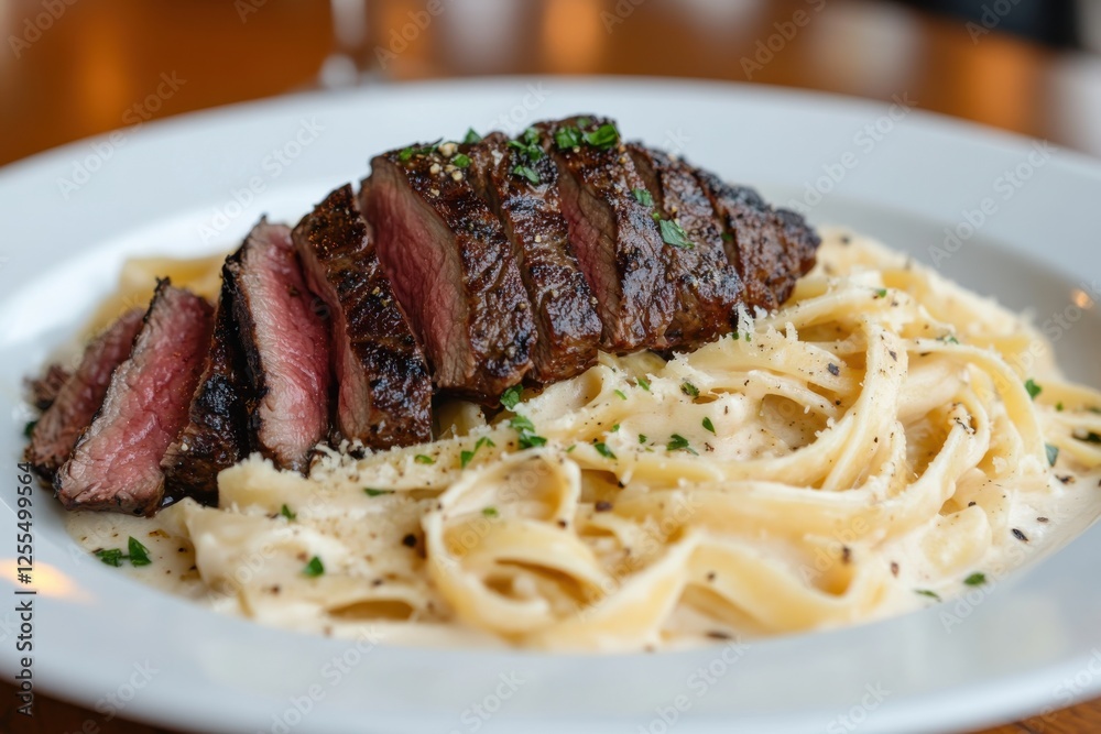 An exquisite dish showcasing gourmet steak perfectly sliced and served with creamy fettuccine, offering a delightful combination of flavors and presentation. An exquisite dish showcasing gourmet steak perfectly sliced and served with creamy fettuccine, offering a delightful combination of flavors and presentation.