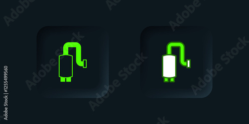 Green Car muffler icon isolated on black background. Exhaust pipe. Black square button. Vector