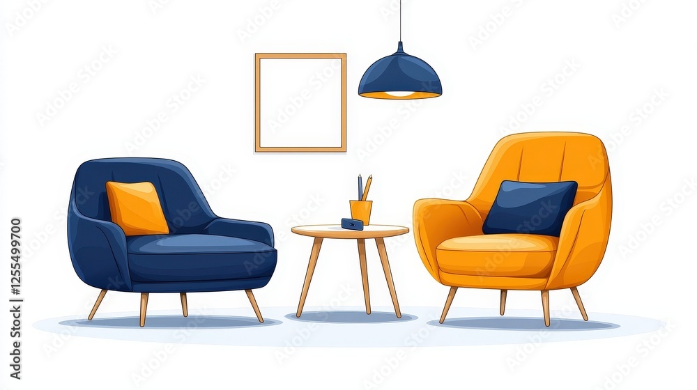 Fototapeta premium Cozy Living Room Design Featuring Modern Chairs and Stylish Decor Elements in Bright Colors