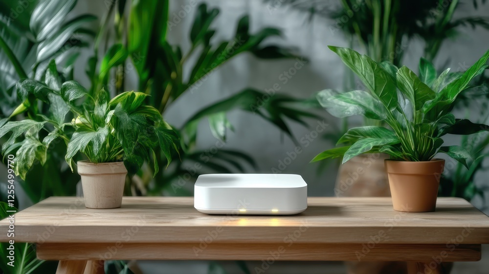 A modern tech device sits on a natural wooden table, flanked by vibrant green plants, creating a perfect fusion of technology and nature in a serene and inviting space. A modern tech device sits on a natural wooden table, flanked by vibrant green plants, creating a perfect fusion of technology and nature in a serene and inviting space.