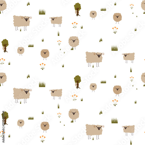 Cute seamless pattern of sheep in a clearing. On a transparent background.
