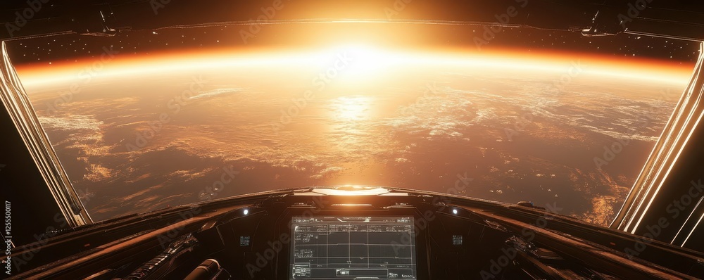 Obraz premium Spacecraft cockpit view of sunrise over earth horizon