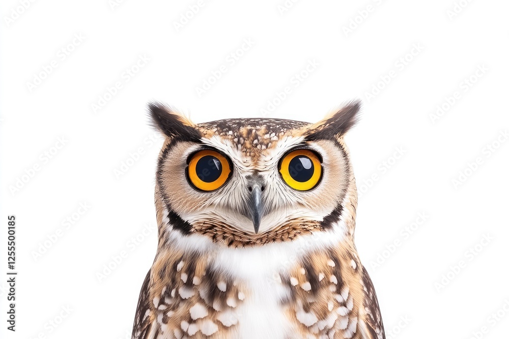 Majestic owl with striking orange eyes, showcasing its beauty against a white background Majestic owl with striking orange eyes, showcasing its beauty against a white background