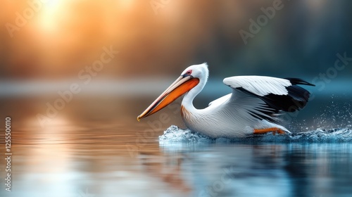 An action shot of a pelican splashing through water, showcasing the excitement and energy of this magnificent bird in its natural habitat during golden hour.