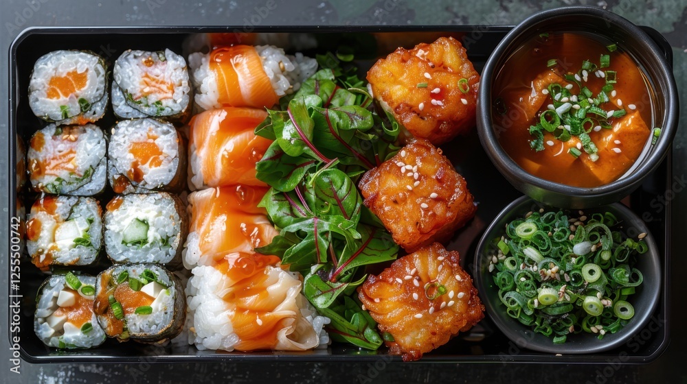 A Japanese bento box with sushi rolls, tempura, and miso soup, neat arrangement A Japanese bento box with sushi rolls, tempura, and miso soup, neat arrangement