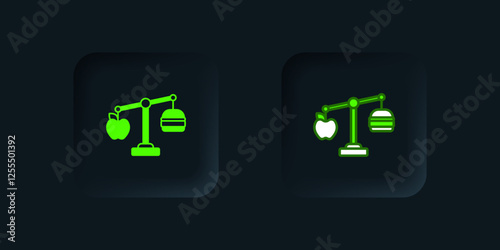 Green Calorie calculator icon isolated on isolated on black background. Calorie count. Diet. Weight loss. Portion control. Healthy eating. Dietary nutrition. Black square button. Vector