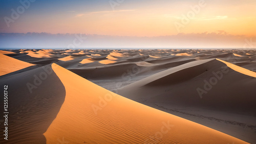 Panorama Landscape of Sand Dunes System on a Beach at Sunrise photo