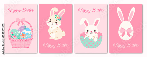 A set of four Easter cards featuring rabbits and eggs. The cards are pink and feature cute rabbit characters holding baskets of eggs. The cards are designed to bring joy