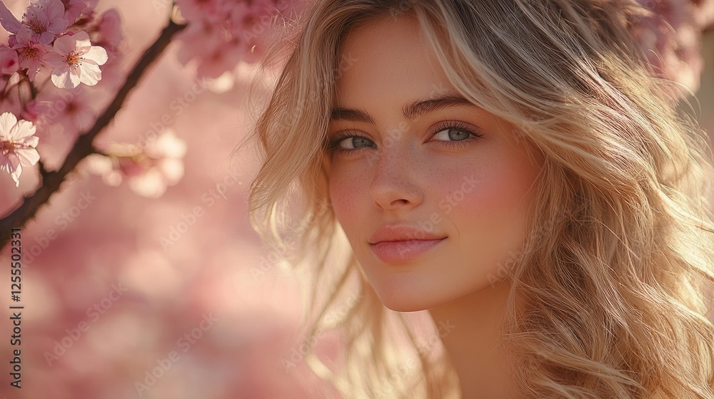 Young woman with curly blonde hair stands amidst blooming sakura trees, embodying serenity and natural beauty Young woman with curly blonde hair stands amidst blooming sakura trees, embodying serenity and natural beauty