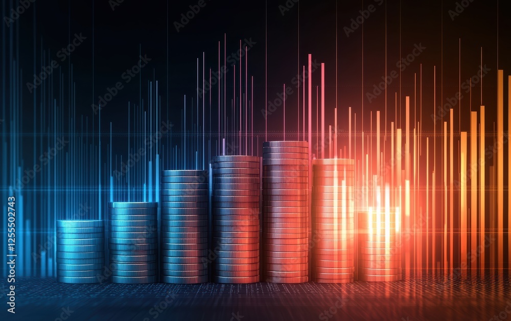 A visual representation of financial growth with stacked coins and dynamic graphs, symbolizing investment and economic development. A visual representation of financial growth with stacked coins and dynamic graphs, symbolizing investment and economic development.