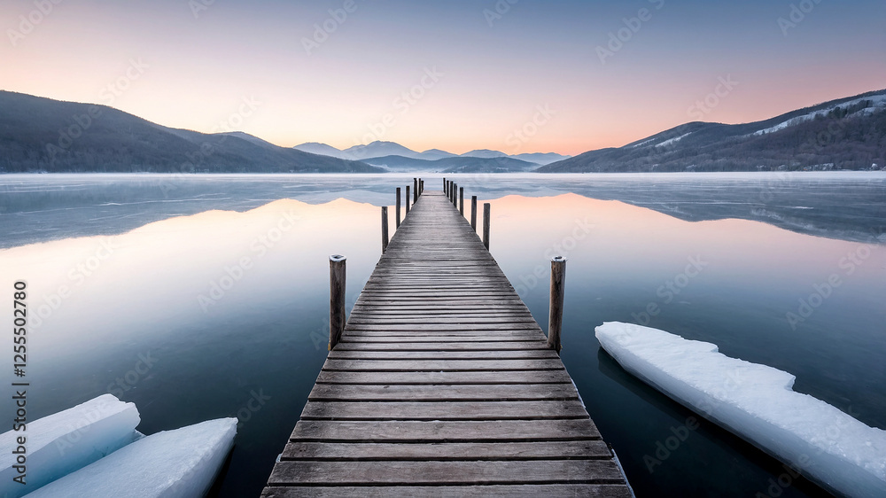 Fototapeta premium Symmetrical View of Jetty on a Frozen Lake with Hills in the Background