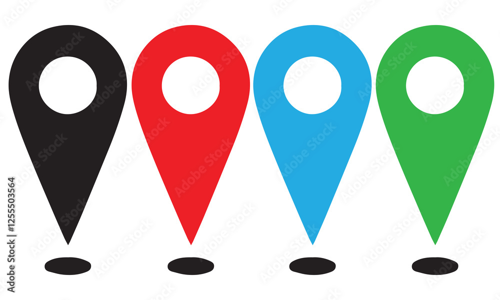 Set of colorful location icon pins. Black, yellow, red, and green location pointer silhouette png vector illustration