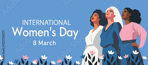  International Women's Day. March 8. Women, girls of different cultures, nationalities and skin colors stand together and look up against a background of flowers. Feminism. Gender equality 