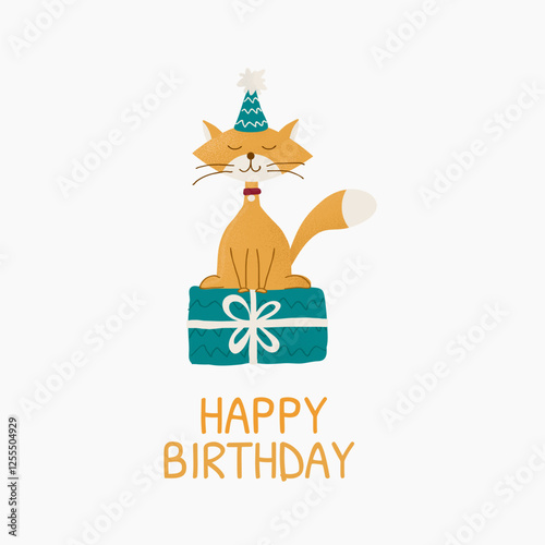 Wallpaper Mural Happy birthday card. Cat sitting on a present with a celebration hat on. Funny animal, cat loving birthday card.
 Torontodigital.ca