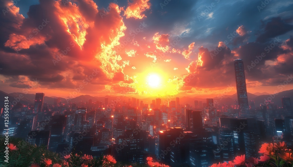 Fototapeta premium Dramatic Sunset Cityscape Sustainable Business Urban Bloom
