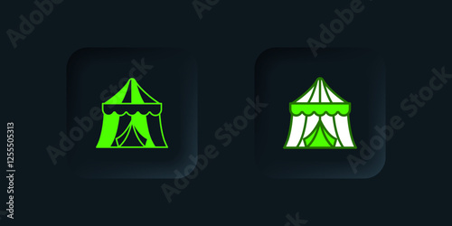 Green Circus tent icon isolated on black background. Carnival camping tent. Amusement park. Black square button. Vector