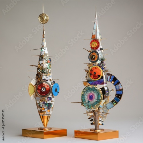Assemblage Sculpture Pair Towering Artwork from Recycled Elements Unique Artistic Expression Vision photo