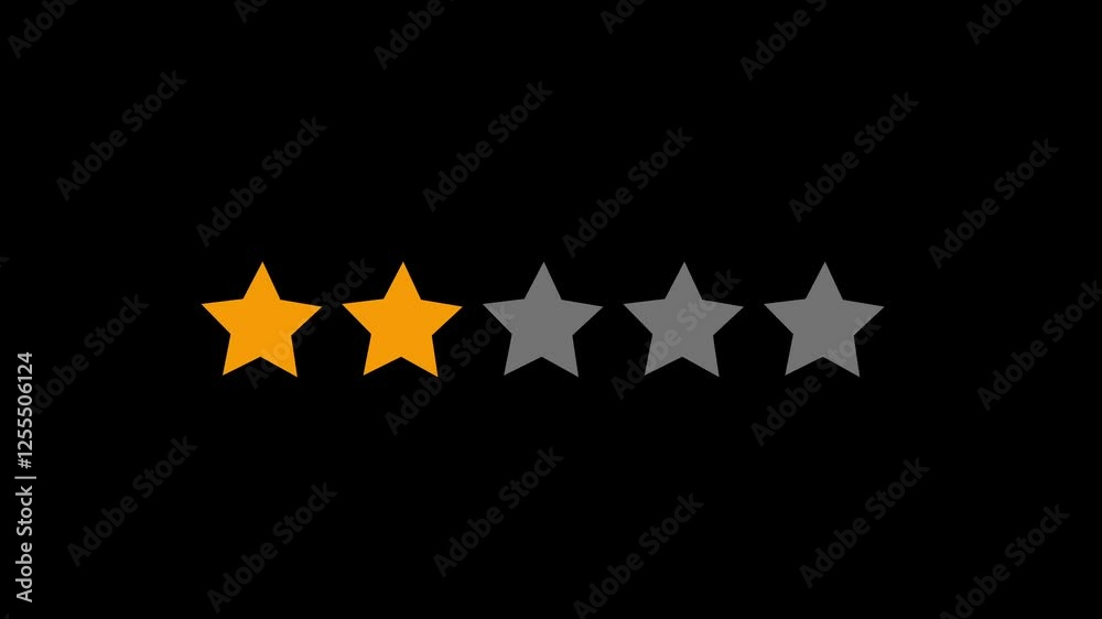 Review with two stars. Two stars for the survey, customer service, and feedback. Two-star-rated animation with an alpha channel and an isolated transparent backdrop