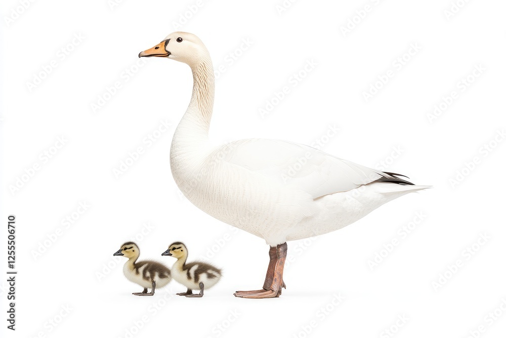 A serene scene of a mother duck standing protectively over her two ducklings A serene scene of a mother duck standing protectively over her two ducklings