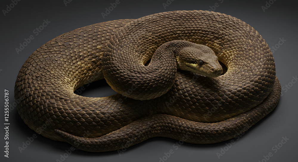 Fototapeta premium Coiled Snake Close-Up with Detailed Scales on Dark Gray Background