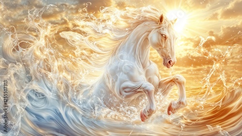 White Horse Rising from Ocean Waves at Golden Sunset, Fantasy Water Stallion in Dramatic Light