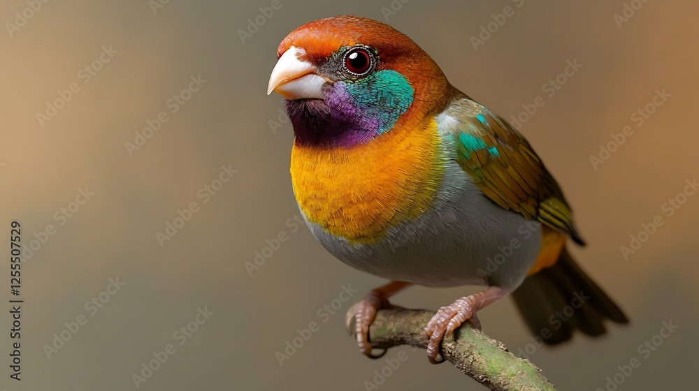 Obraz premium A vibrant, colorful bird perched on a branch, showcasing its striking plumage against a soft background