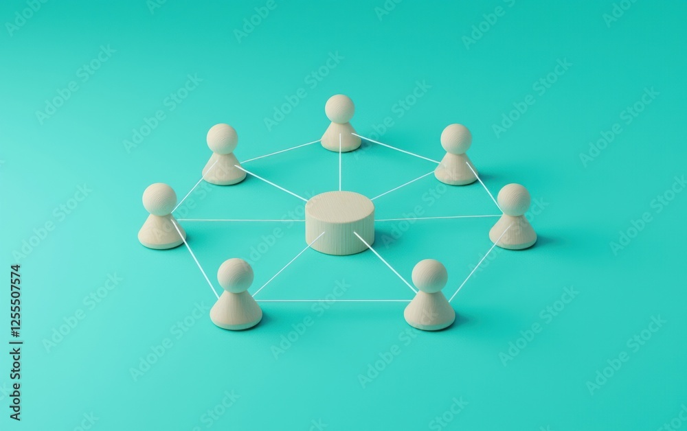 of social network connection with figurines linked to a central hub on a turquoise background. of social network connection with figurines linked to a central hub on a turquoise background.