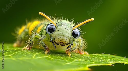 Close up view of a curious green caterpillar with unique hairy and fuzzy texture resting on a vibrant green mulberry leaf photo