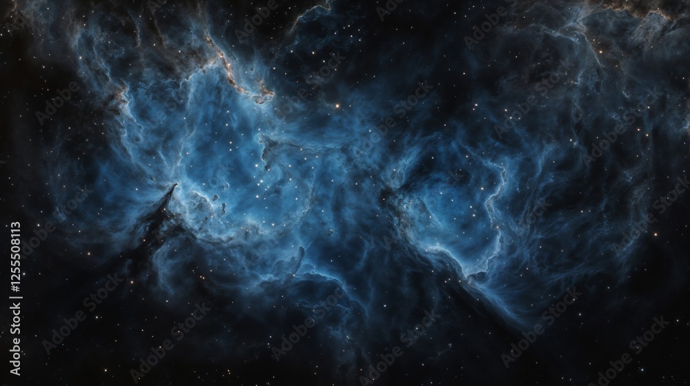 Fototapeta premium Cosmic scene with a nebula in vivid blue, black tones resembling smoke, by numerous stars, creating a fantastical space landscape, showcasing galaxy exploration, astronomical photography.