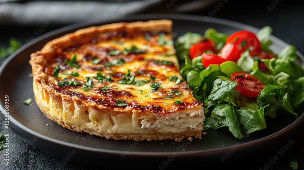 French quiche Lorraine served with a side salad on a quaint cafe table French quiche Lorraine served with a side salad on a quaint cafe table