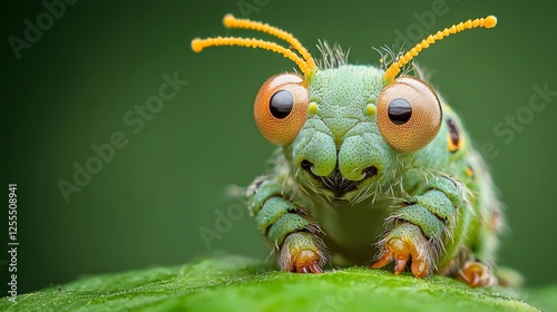 Closeup of a captivating silkworm crawling on a lush green mulberry leaf showcasing nature s intricate fiber production process