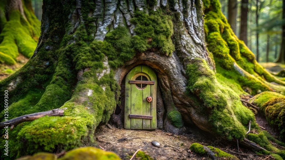 Miniature Door in Moss-Covered Tree Trunk Miniature Door in Moss-Covered Tree Trunk