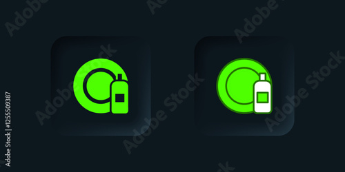 Green Dishwashing liquid bottle and plate icon isolated on black background. Liquid detergent for washing dishes. Black square button. Vector