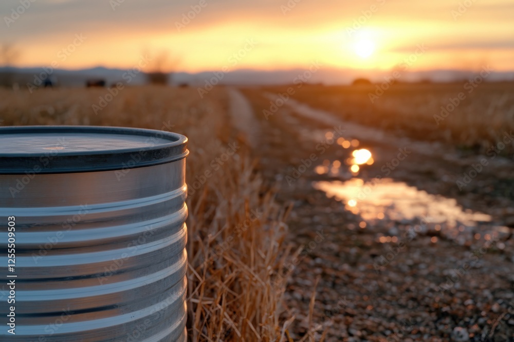 A metal drum is placed on a muddy path, capturing the stunning reflection of a sunset while portraying the raw beauty of nature and the essence of simplicity. A metal drum is placed on a muddy path, capturing the stunning reflection of a sunset while portraying the raw beauty of nature and the essence of simplicity.