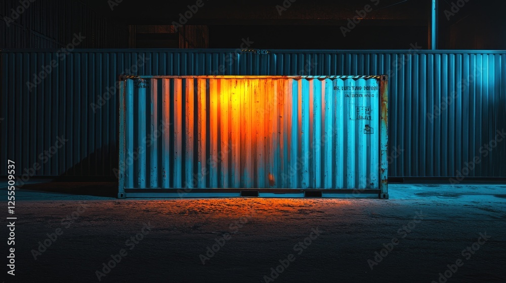 Fototapeta premium A blue and orange freight container illuminated by artificial lights in a dark industrial yard, highlighting its vibrant colors against the shadows