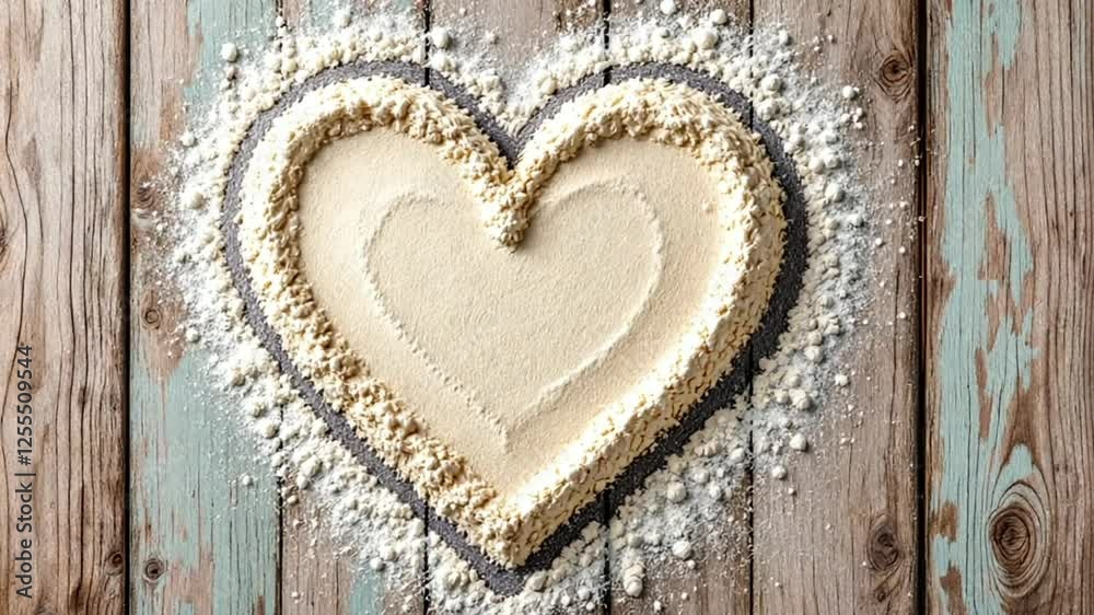 Heart-shaped flour pattern on rustic wood Heart-shaped flour pattern on rustic wood